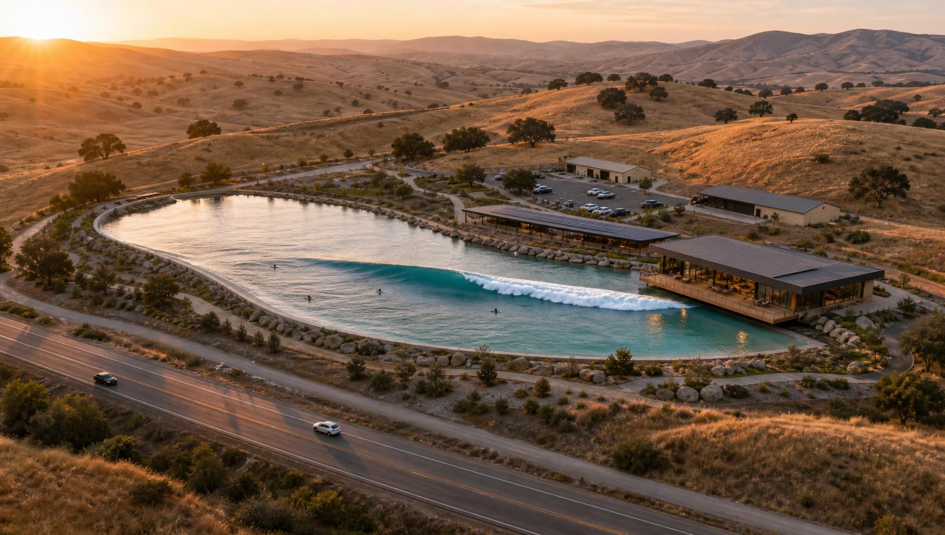Aerial rendering of a surf lagoon set among the hills of Paso Robles